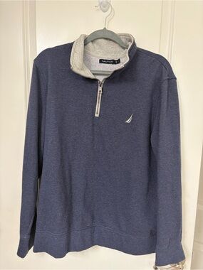 Nautica Men's Heather Navy Quarter-Zip Sweatshirt with Light Gray Collar- Large